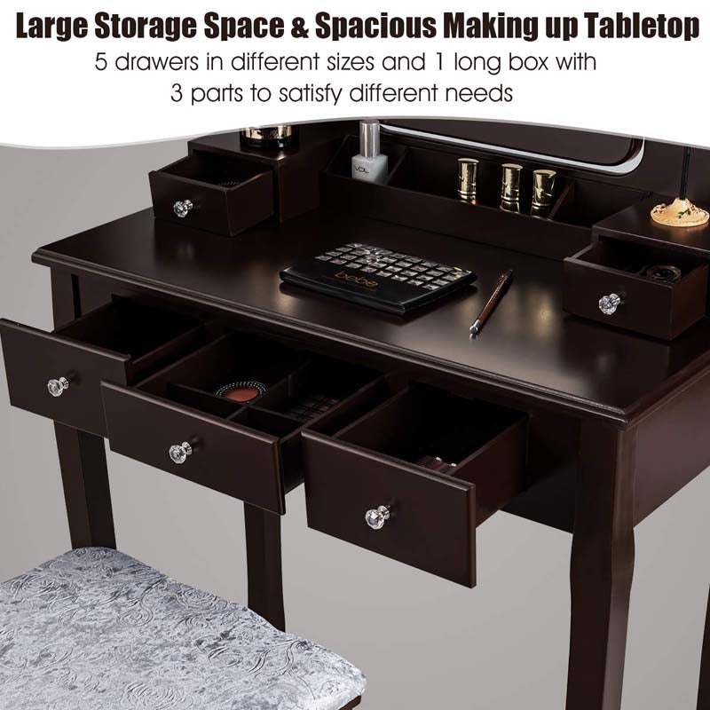 5-Drawer Vanity Table Set with 10 LED Dimmable Bulbs, Bedroom Makeup Dressing Table with Cushioned Stool