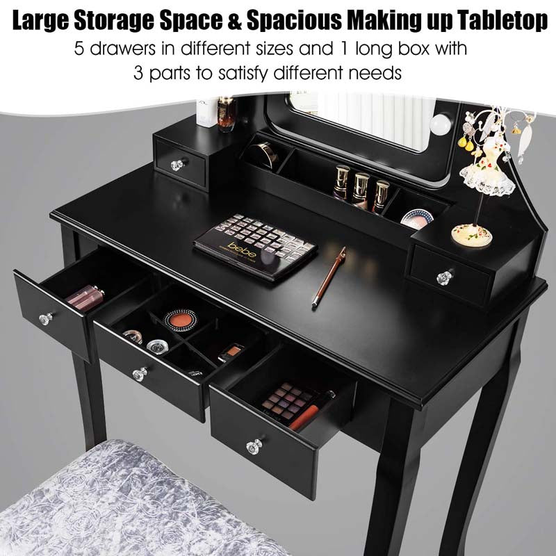 5-Drawer Vanity Table Set with 10 LED Dimmable Bulbs, Bedroom Makeup Dressing Table with Cushioned Stool