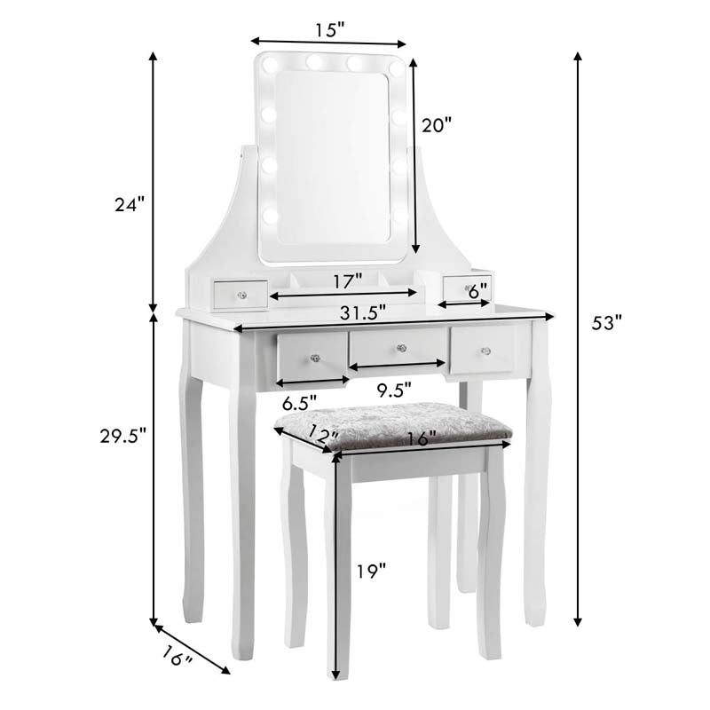 5-Drawer Vanity Table Set with 10 LED Dimmable Bulbs, Bedroom Makeup Dressing Table with Cushioned Stool