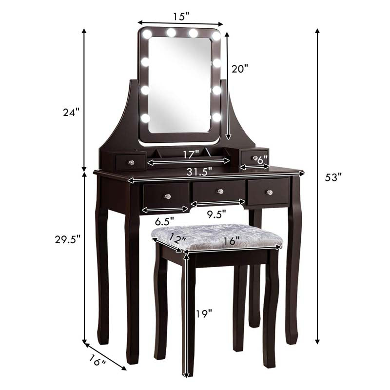 5-Drawer Vanity Table Set with 10 LED Dimmable Bulbs, Bedroom Makeup Dressing Table with Cushioned Stool