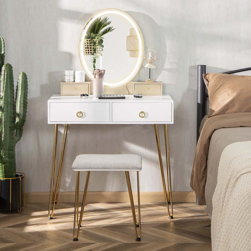 Modern Vanity Table Set w/3-Color Lighted Mirror & 4 Drawers, Bedroom Dressing Table Makeup Vanity Desk with Cushioned Stool