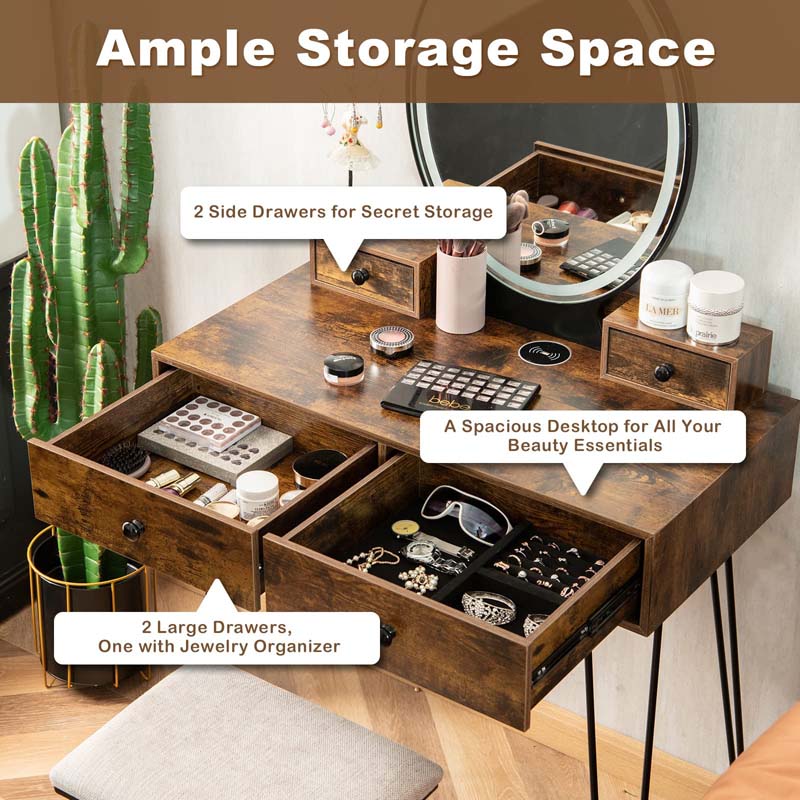 Modern Vanity Table Set w/3-Color Lighted Mirror & 4 Drawers, Bedroom Dressing Table Makeup Vanity Desk with Cushioned Stool