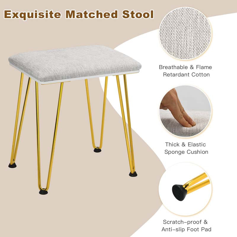 Modern Vanity Table Set w/3-Color Lighted Mirror & 4 Drawers, Bedroom Dressing Table Makeup Vanity Desk with Cushioned Stool