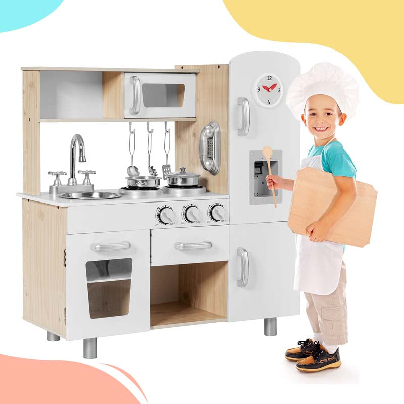 Wooden Kids Kitchen Playset w/Cookware Utensil, Phone, Clock, Water Dispenser, Pretend Cooking Toy Gift Toddlers Play Kitchen Set