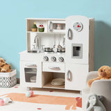 Wooden Kids Kitchen Playset w/Cookware Utensil, Phone, Clock, Water Dispenser, Pretend Cooking Toy Gift Toddlers Play Kitchen Set