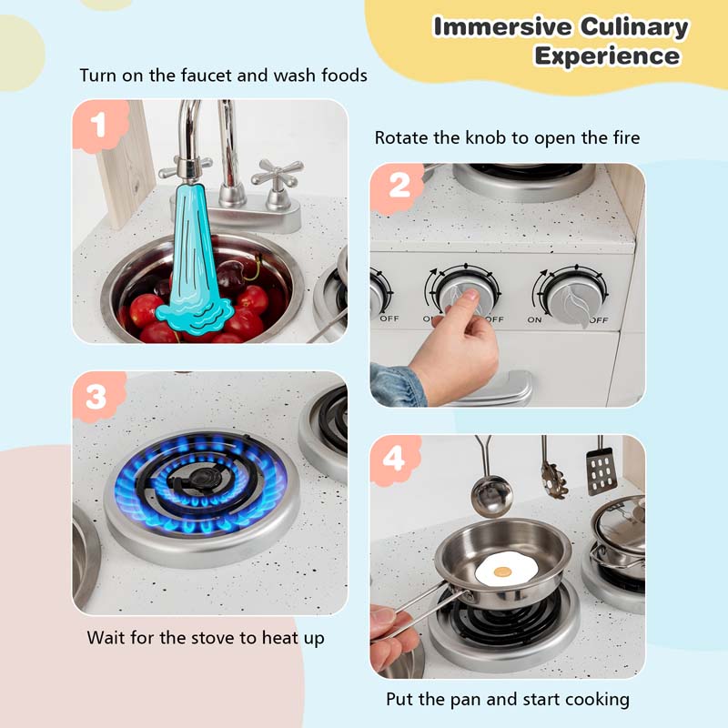 Wooden Kids Kitchen Playset w/Cookware Utensil, Phone, Clock, Water Dispenser, Pretend Cooking Toy Gift Toddlers Play Kitchen Set