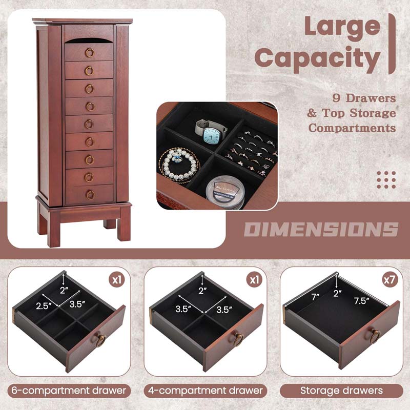 Walnut Wooden Jewelry Cabinet with 9 Drawers, 2 Side Doors & Flip Top Mirror, Bedroom Jewelry Armoire Storage Chest Stand