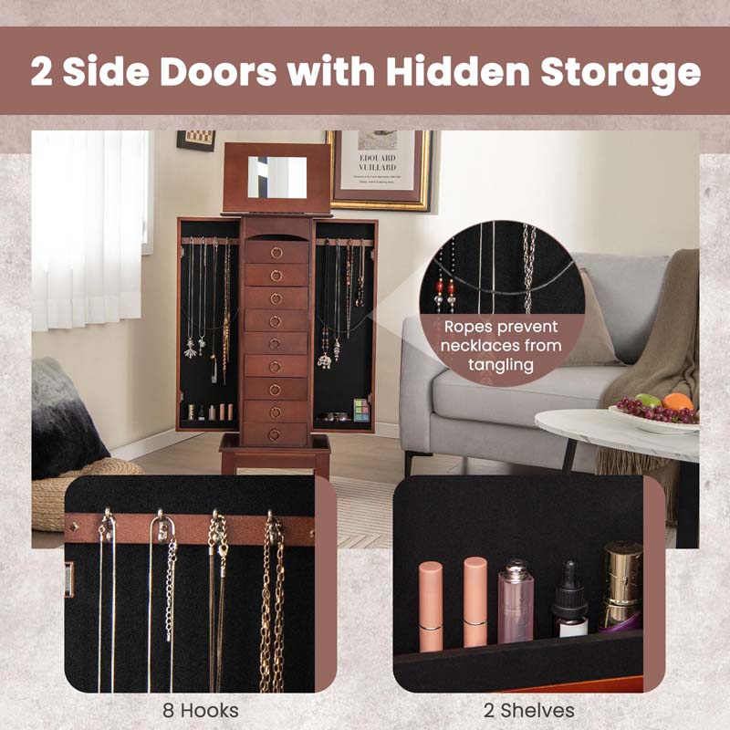 Walnut Wooden Jewelry Cabinet with 9 Drawers, 2 Side Doors & Flip Top Mirror, Bedroom Jewelry Armoire Storage Chest Stand