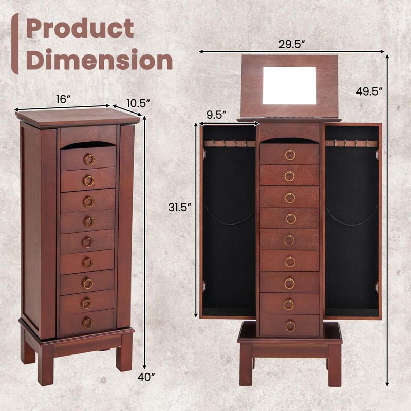 Walnut Wooden Jewelry Cabinet with 9 Drawers, 2 Side Doors & Flip Top Mirror, Bedroom Jewelry Armoire Storage Chest Stand