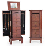 Walnut Wooden Jewelry Cabinet with 9 Drawers, 2 Side Doors & Flip Top Mirror, Bedroom Jewelry Armoire Storage Chest Stand