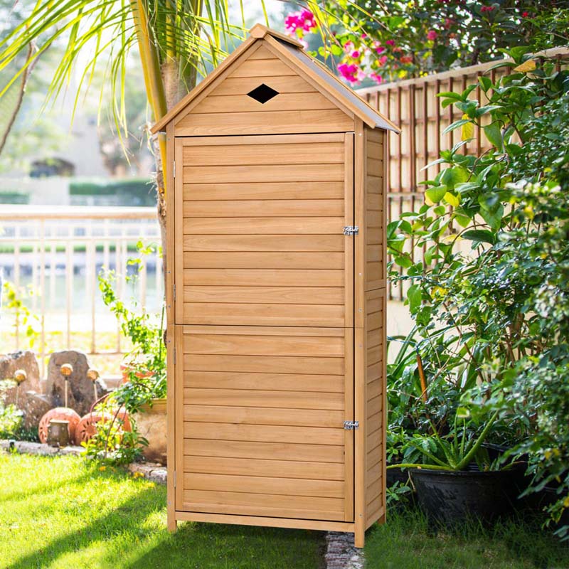 63" Wood Outdoor Storage Shed Lockable Garden Tools Storage Cabinet with 5 Shelves, Galvanized Sheet Roof