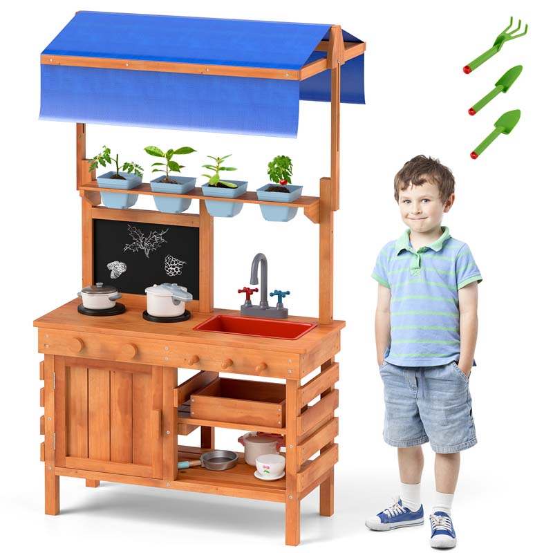 Kids Mud Kitchen Playset, Fir Wood Outdoor Play Kitchen Kids Potting Bench Mud Table with Adjustable Canopy, Sink, 4 Pots, Blackboard