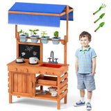 Kids Mud Kitchen Playset, Fir Wood Outdoor Play Kitchen Kids Potting Bench Mud Table with Adjustable Canopy, Sink, 4 Pots, Blackboard