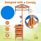 Kids Mud Kitchen Playset, Fir Wood Outdoor Play Kitchen Kids Potting Bench Mud Table with Adjustable Canopy, Sink, 4 Pots, Blackboard