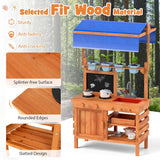 Kids Mud Kitchen Playset, Fir Wood Outdoor Play Kitchen Kids Potting Bench Mud Table with Adjustable Canopy, Sink, 4 Pots, Blackboard