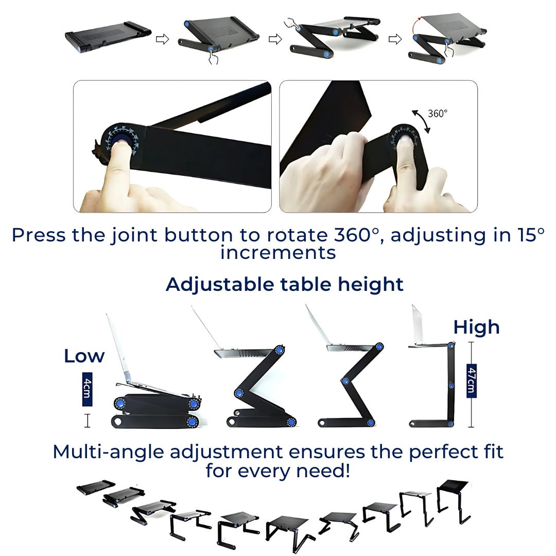 Adjustable Laptop Stand for Bed, Couch & Desk - Ergonomic Design with Cooling Function for Comfort and Productivity