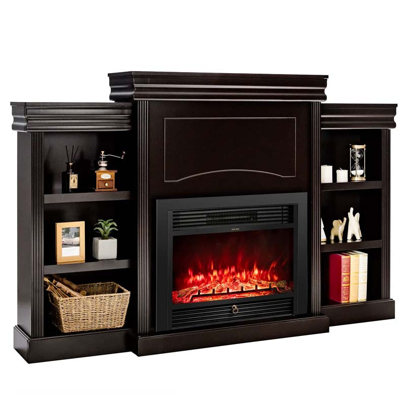 70" Mantel Fireplace TV Stand with 28.5" 750W/1500W Electric Fireplace Insert, Modern Media Fireplace Cabinet Built-in 6 Storage Shelves