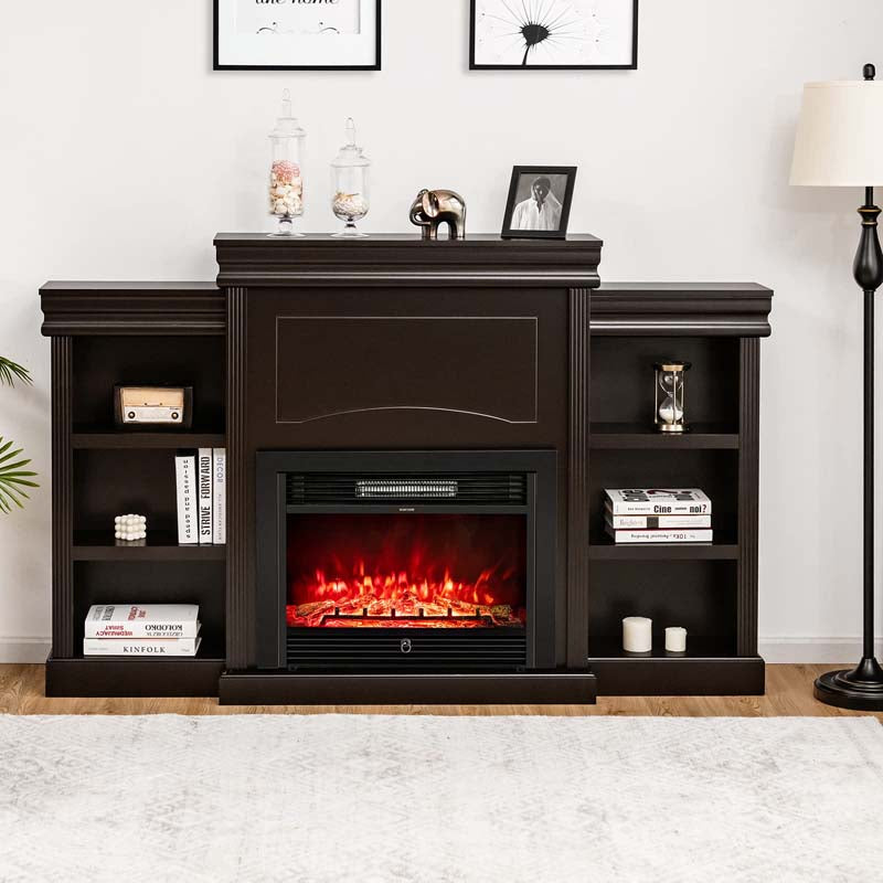 70" Mantel Fireplace TV Stand with 28.5" 750W/1500W Electric Fireplace Insert, Modern Media Fireplace Cabinet Built-in 6 Storage Shelves
