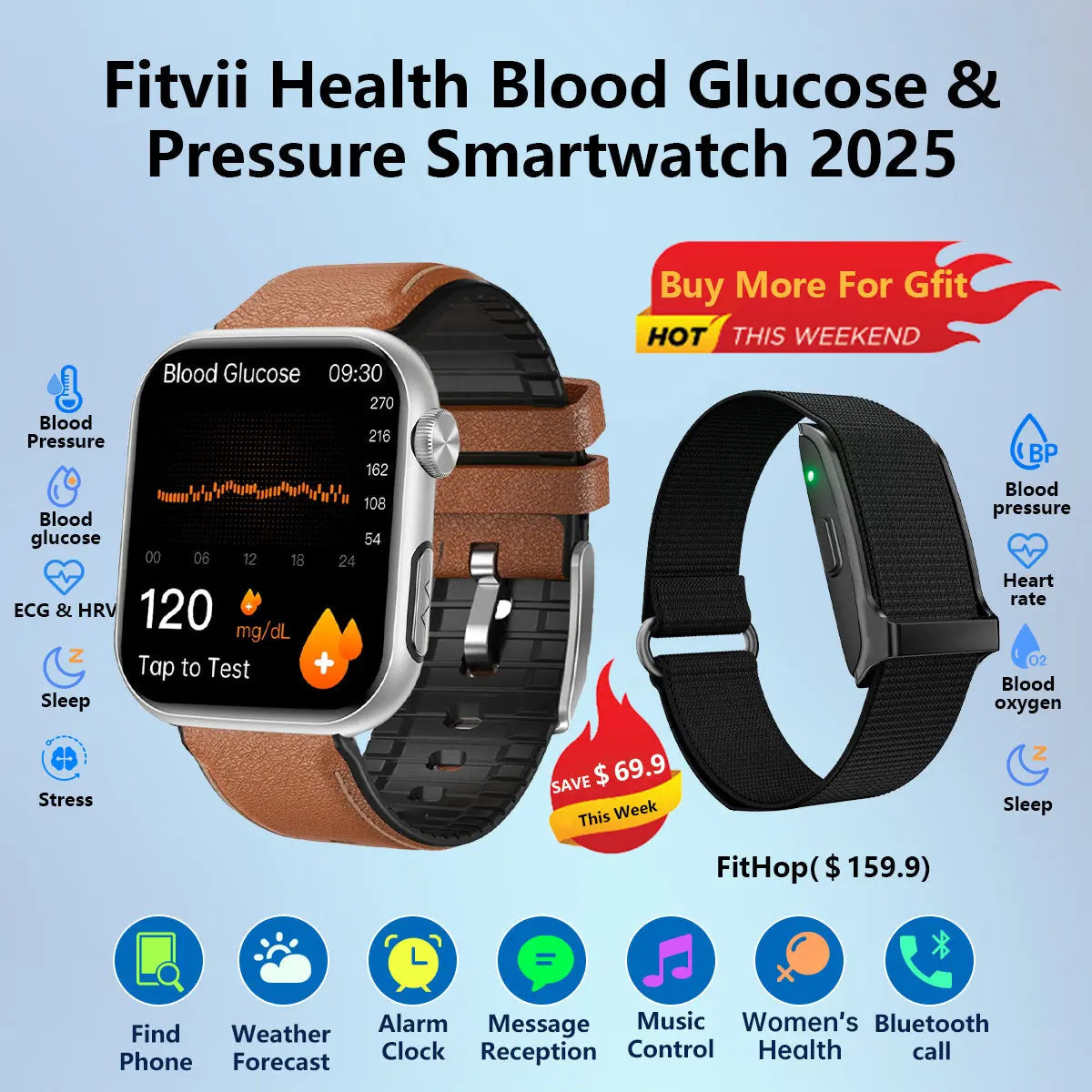 Fitvii Health Blood Pressure Blood Sugar Watch 2025-Buy 1 Get 1 Free For Father's day