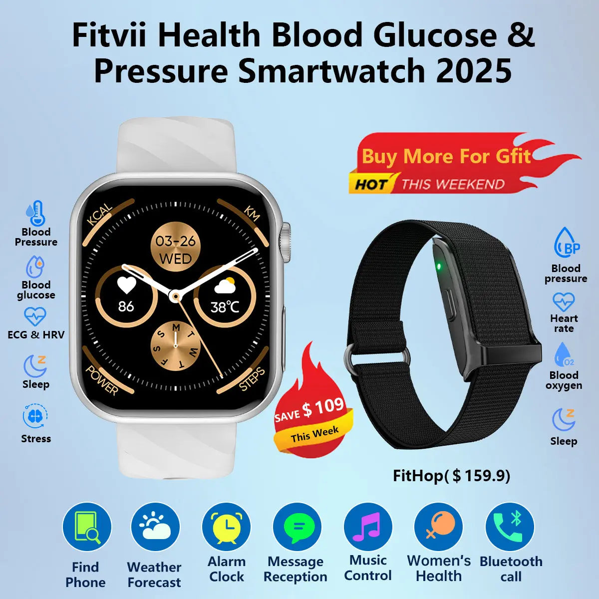 Fitvii Health Blood Pressure Blood Sugar Watch 2025-Buy 1 Get 1 Free For Father's day
