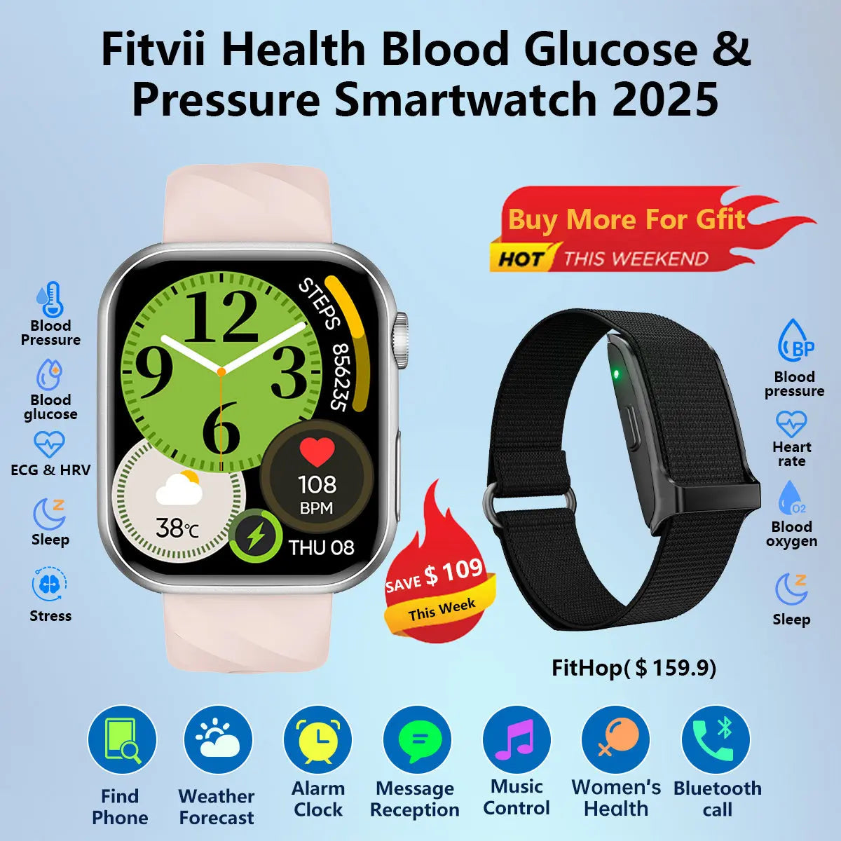 Fitvii Health Blood Pressure Blood Sugar Watch 2025-Buy 1 Get 1 Free For Father's day
