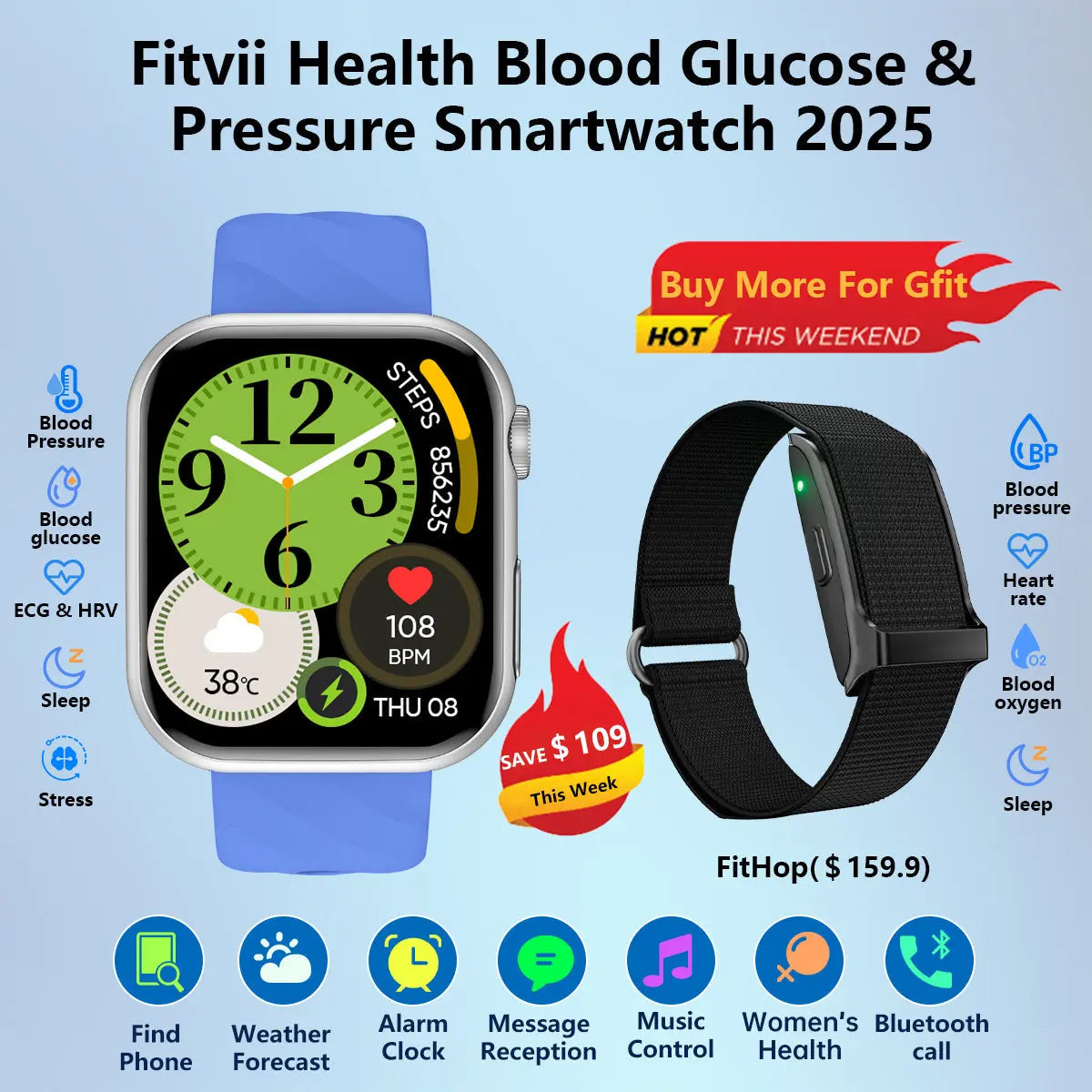 Fitvii Health Blood Pressure Blood Sugar Watch 2025-Buy 1 Get 1 Free For Father's day