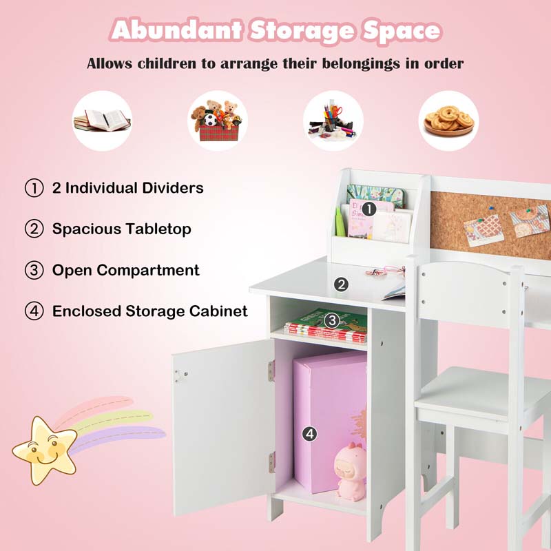 Wooden Kids Study Table and Chair Set with Cork Bulletin Board, Student Computer Workstation Writing Table for Bedroom