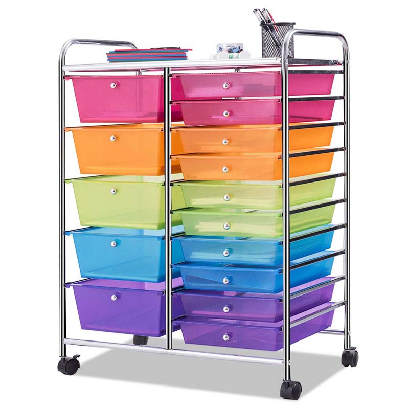 15-Drawer Storage Drawer Cart Tools Scrapbook Paper Organizer Cart Office School Utility Cart Rolling Storage Cart with Wheels