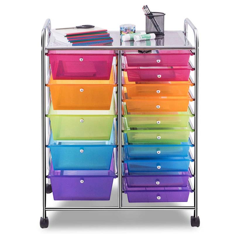 15-Drawer Storage Drawer Cart Tools Scrapbook Paper Organizer Cart Office School Utility Cart Rolling Storage Cart with Wheels