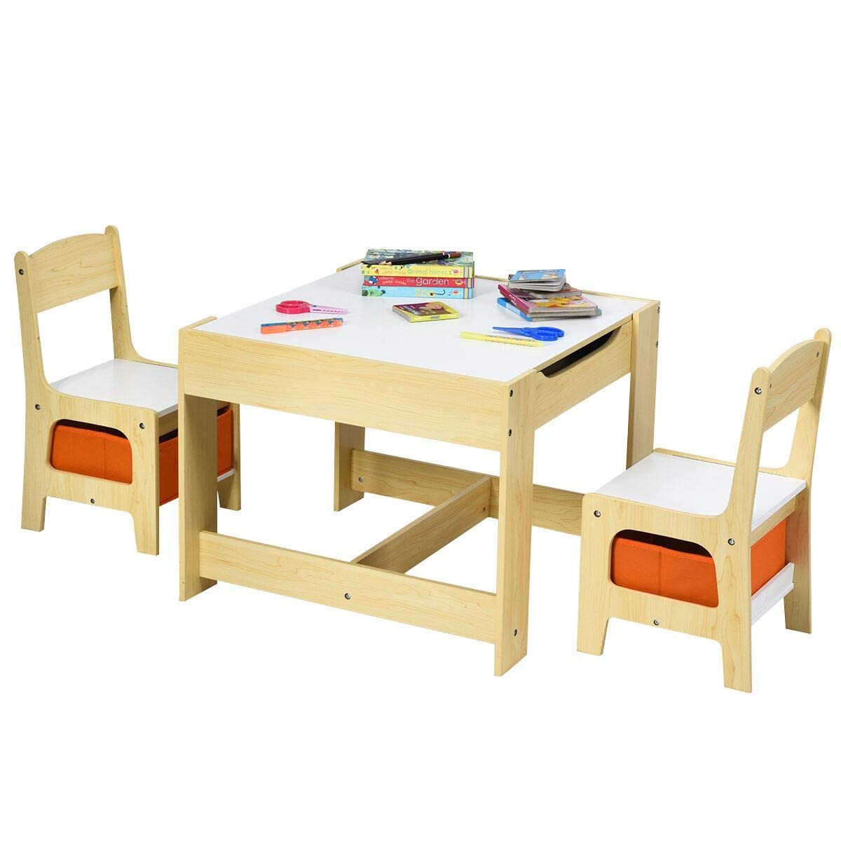 3-in-1 Kids Wood Table Chairs Set with Blackboard & Storage Drawers, Children Multi Activity Table for Learning Playing Drawing