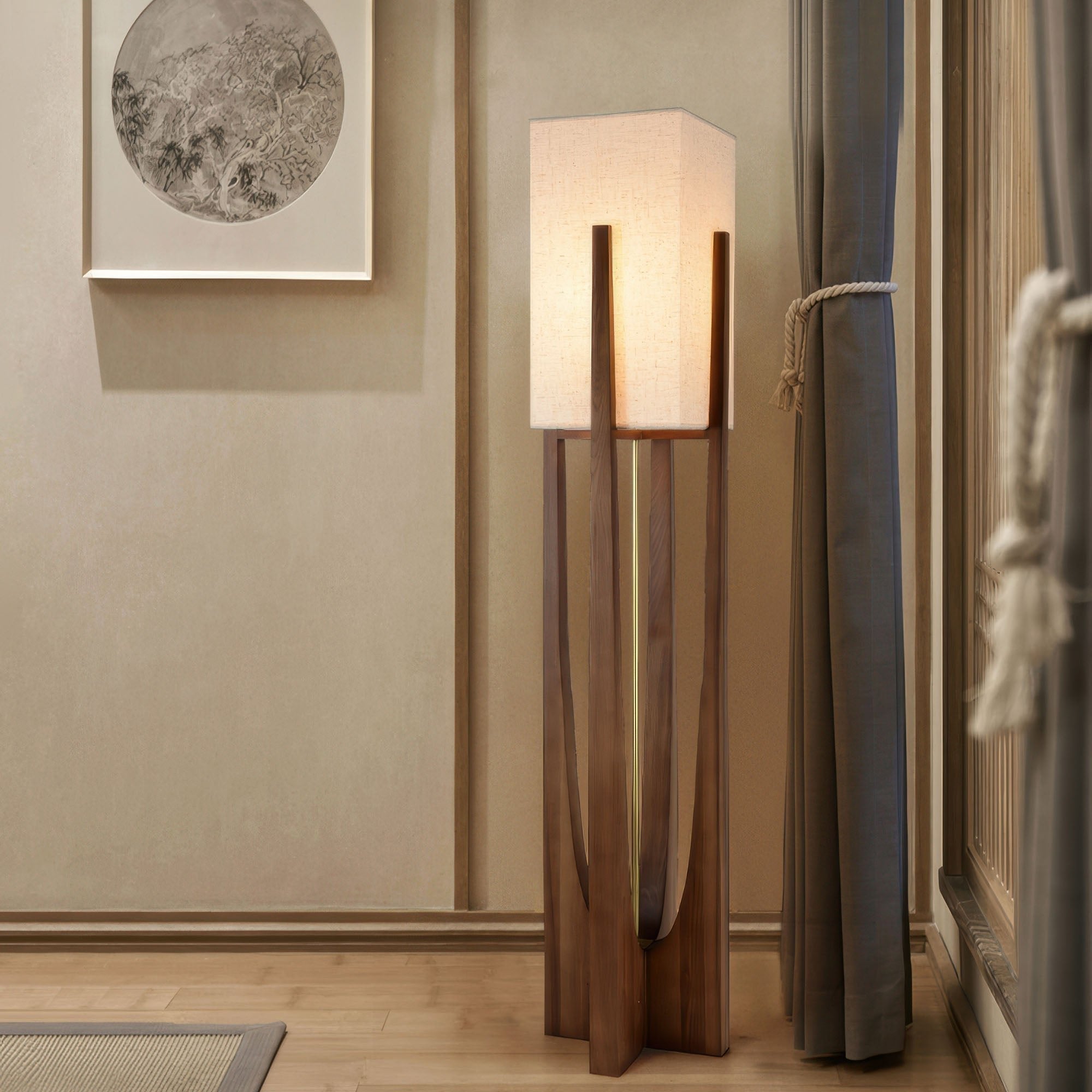 Japanese Style Walnut Floor Lamp - Solid Wood Design for Living Room & Bedroom Lighting