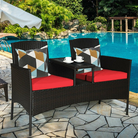 Rattan Outdoor Loveseat Bistro Set with Built-in Coffee Table & Cushions, Wicker Patio Conversation Set