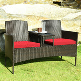 Rattan Outdoor Loveseat Bistro Set with Built-in Coffee Table & Cushions, Wicker Patio Conversation Set
