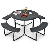 8 Person HDPE Outside Table & Bench Set, Outdoor Round Picnic Table with 4 Built-in Benches, Umbrella Hole, Metal Frame