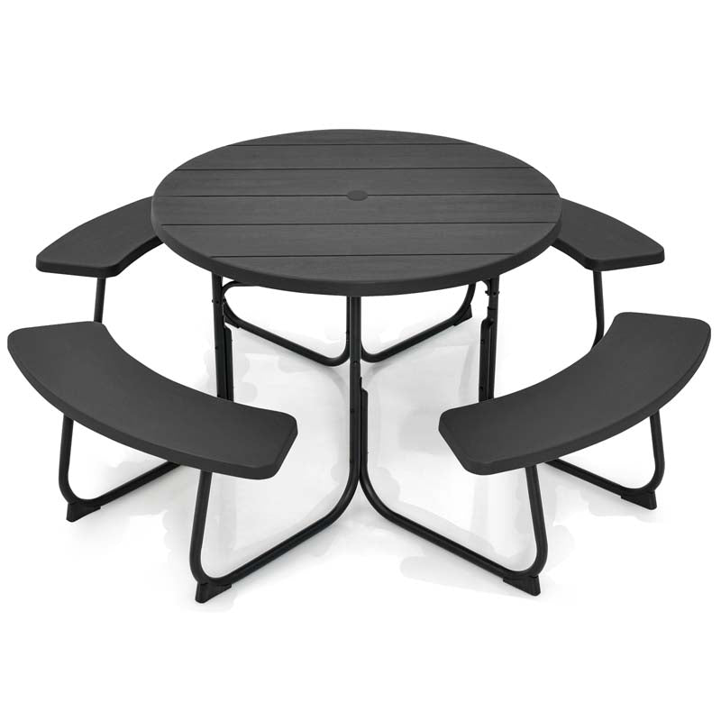 8 Person HDPE Outside Table & Bench Set, Outdoor Round Picnic Table with 4 Built-in Benches, Umbrella Hole, Metal Frame