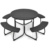 8 Person HDPE Outside Table & Bench Set, Outdoor Round Picnic Table with 4 Built-in Benches, Umbrella Hole, Metal Frame