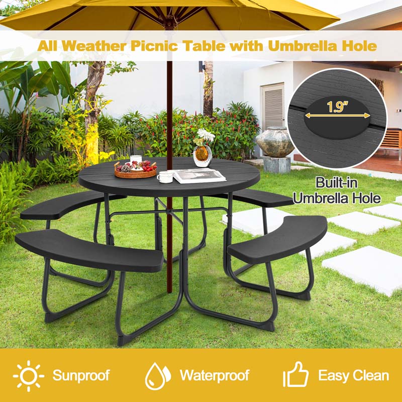 8 Person HDPE Outside Table & Bench Set, Outdoor Round Picnic Table with 4 Built-in Benches, Umbrella Hole, Metal Frame