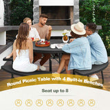 8 Person HDPE Outside Table & Bench Set, Outdoor Round Picnic Table with 4 Built-in Benches, Umbrella Hole, Metal Frame