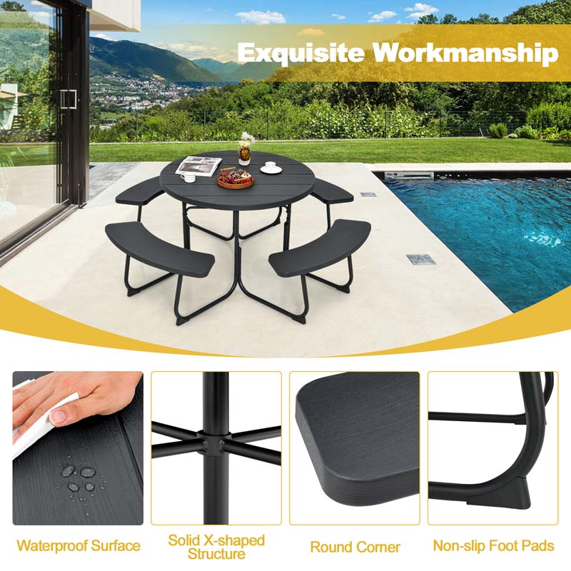 8 Person HDPE Outside Table & Bench Set, Outdoor Round Picnic Table with 4 Built-in Benches, Umbrella Hole, Metal Frame