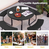 8 Person HDPE Outside Table & Bench Set, Outdoor Round Picnic Table with 4 Built-in Benches, Umbrella Hole, Metal Frame
