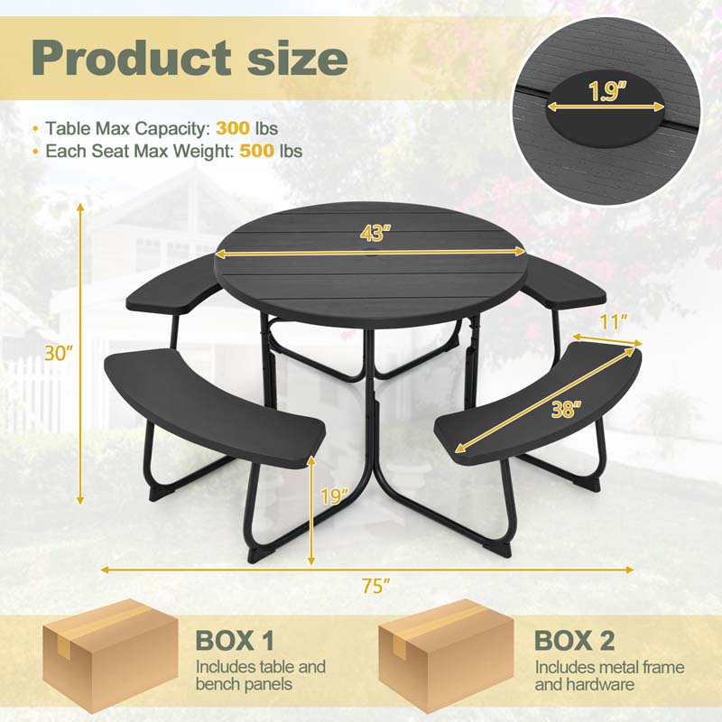 8 Person HDPE Outside Table & Bench Set, Outdoor Round Picnic Table with 4 Built-in Benches, Umbrella Hole, Metal Frame