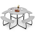 8 Person HDPE Outside Table & Bench Set, Outdoor Round Picnic Table with 4 Built-in Benches, Umbrella Hole, Metal Frame