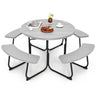 8 Person HDPE Outside Table & Bench Set, Outdoor Round Picnic Table with 4 Built-in Benches, Umbrella Hole, Metal Frame