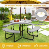 8 Person HDPE Outside Table & Bench Set, Outdoor Round Picnic Table with 4 Built-in Benches, Umbrella Hole, Metal Frame