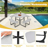 8 Person HDPE Outside Table & Bench Set, Outdoor Round Picnic Table with 4 Built-in Benches, Umbrella Hole, Metal Frame