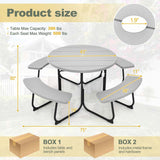 8 Person HDPE Outside Table & Bench Set, Outdoor Round Picnic Table with 4 Built-in Benches, Umbrella Hole, Metal Frame