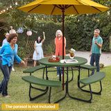 8 Person HDPE Outside Table & Bench Set, Outdoor Round Picnic Table with 4 Built-in Benches, Umbrella Hole, Metal Frame