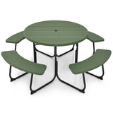 8 Person HDPE Outside Table & Bench Set, Outdoor Round Picnic Table with 4 Built-in Benches, Umbrella Hole, Metal Frame