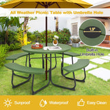 8 Person HDPE Outside Table & Bench Set, Outdoor Round Picnic Table with 4 Built-in Benches, Umbrella Hole, Metal Frame
