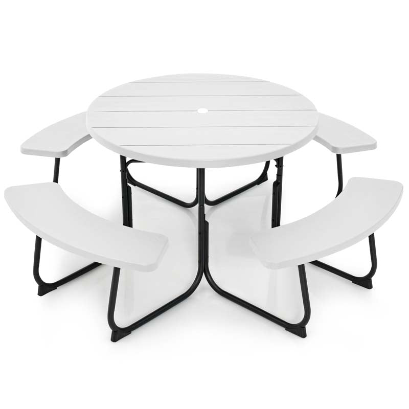 8 Person HDPE Outside Table & Bench Set, Outdoor Round Picnic Table with 4 Built-in Benches, Umbrella Hole, Metal Frame